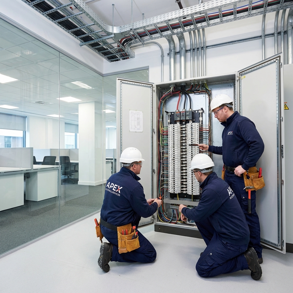 Commercial electricians working on electrical panel in Peterborough office